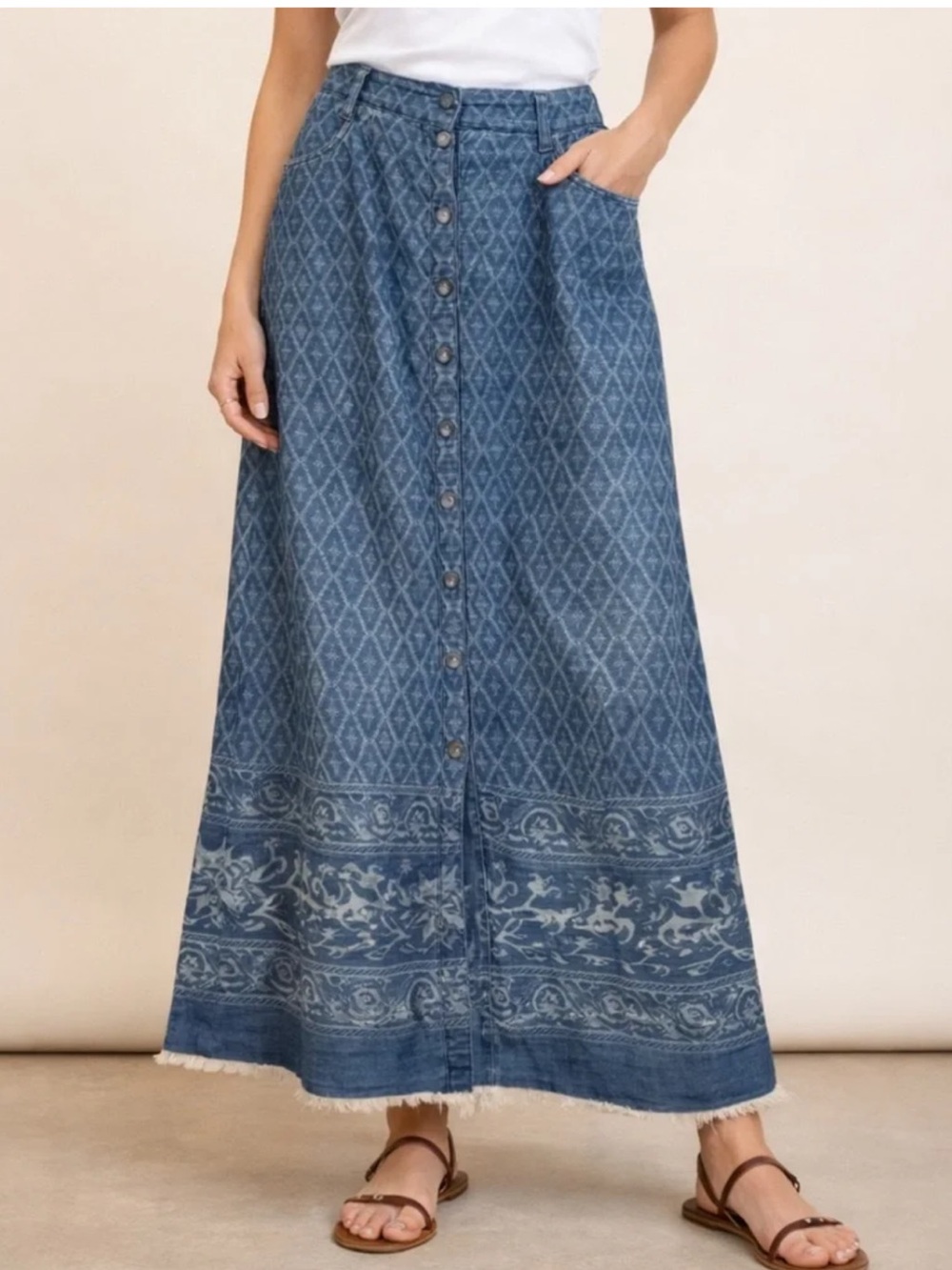 Soft Surroundings | Button Down Raw Hem Denim MIDI Skirt Sz L